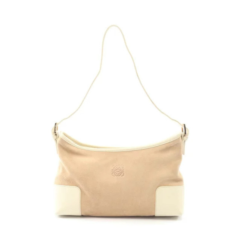 Loewe Anagram Shoulder Bag Suede Leather Beige Cream Ivory White